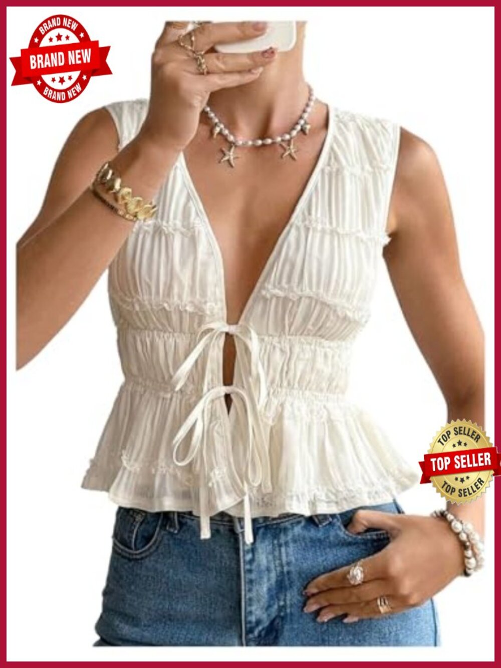 Deep V Neck Tie Front Sleeveless Peplum Ruffle Hem Blouse